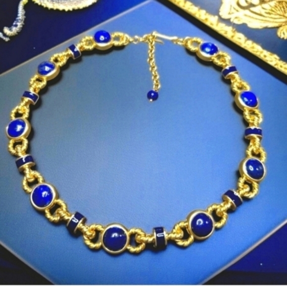 Designer Jewelry - Lapis Lazuli Gold Enamel Byzantine Etruscan Vintage Style Statement Necklace